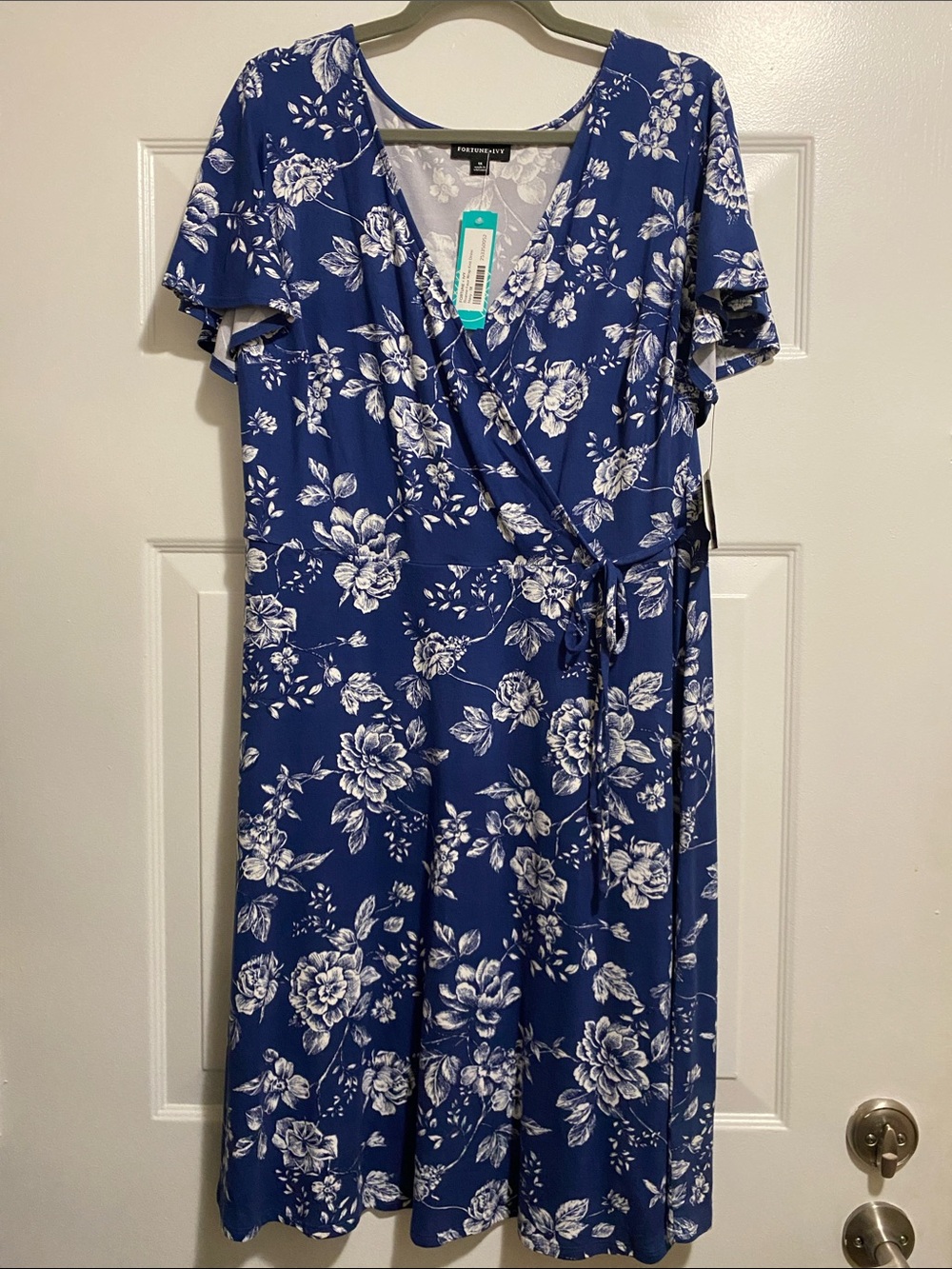 Fortune + Ivy Royal Blue & White “Roanne” Floral Faux Wrap Dress
